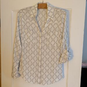 Express Portofino Shirt in Off White and Light Gray Geometric Dog Print